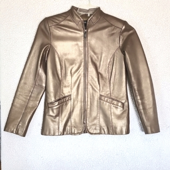 Style & Co. Jackets & Blazers - Real Leather zip up blazer jacket lined pewter metallic size womens petite small